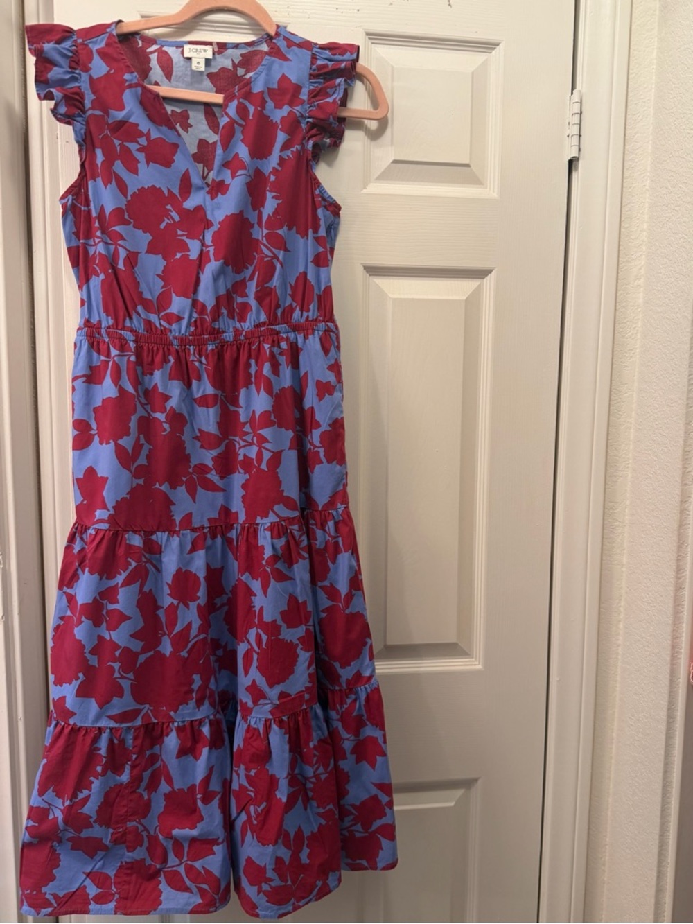 J. Crew Blue Dress with Bold Red Floral Print